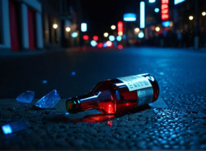 Scenă nocturnă urbană cu lumini albastre și roșii intermitente, mișcare neclară sugerând un eveniment dinamic, o sticlă spartă pe jos, fără oameni sau fețe, iluminare cinematografică, 8k, hiperrealist.