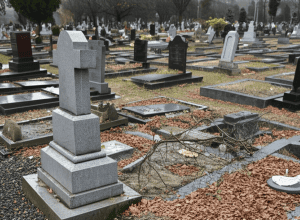 Accident grav în cimitir: Mercedes distruge 15 morminte