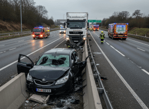 Șofer (30 de ani) moare în epavă - Camion zdrobește mașină de parapet