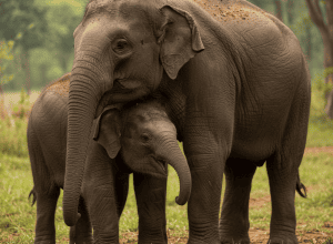 Mamă devine înger păzitor - Un pui de elefant riscă să alunece