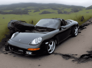 Accident pe L174: Porsche se izbește de parapet și fuge de la fața locului