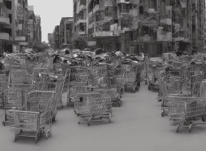 Nu e supermarket – Sute de cărucioare în fața unui bloc