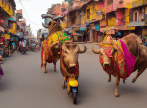 Cât de departe ajunge? – Un taur conduce un scuter în India