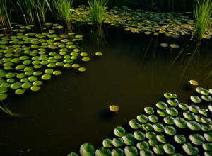 Ecosistemul unui iaz mâlos cu vegetație acvatică densă, ondulații subtile la suprafața apei, un sentiment ascuns de viață acvatică unică, iluminare cinematografică, 8k, hiper-realist.