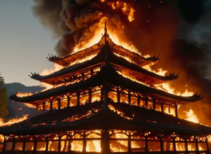 Pavilionul unui templu din China, cuprins de flăcări: imprudența turiștilor a provocat incendiul