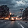 Accident spectaculos în Belgia: Tir cu bena ridicată a lovit o linie electrică de 3000V și s-a răsturnat