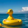 Incident amuzant pe mare: O rață gonflabilă uriașă a "catapultat" o turistă în apă, partenerul rămânând calm